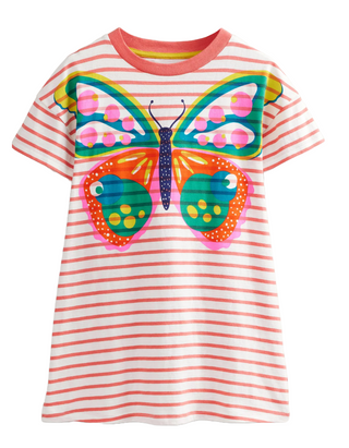 Mini Boden Girl's Printed Logo Jersey Dress in Peach Punch Pink Butterfly