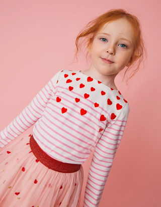 Mini Boden Girl's Fun Breton in Pink/Ivory Scatter Heart (Slightly Defect)