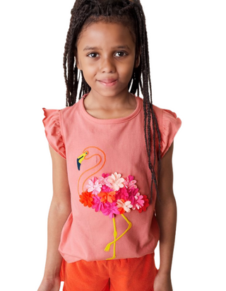 Mini Boden Girl's Embroidered Flutter Top in Peach Sorbet Flamingo