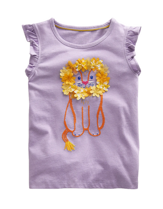 Mini Boden Girl's Embroidered Flutter Top in Misty Lavender Lion