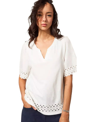 Women's Short Sleeve Sage Trim Top in Ivory Pale