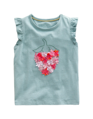 Mini Boden Girl's Embroidered Flutter Top in Tourmaline Blue Strawberry