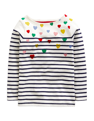 Mini Boden Girl's Fun Breton in Pink/Ivory Scatter Heart