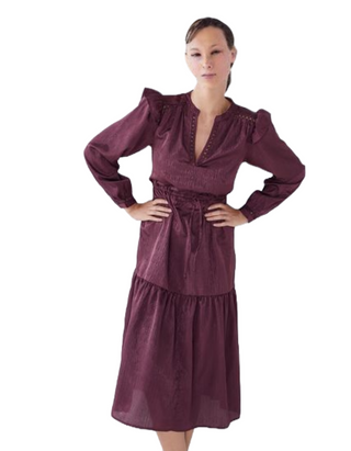 Women's Satin Lace Detail Midi Dress in Berry Red