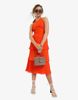 Women's Cross Back Tiered Pleated Skirt Midi Dress in Coral