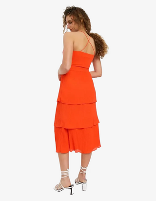 Women's Cross Back Tiered Pleated Skirt Midi Dress in Coral