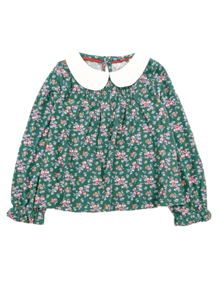 Mini Boden Girl's Ditsy Peter Pan Collared Top in Green