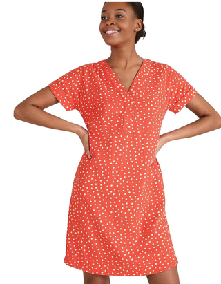 Women's Linen Polka Dot Shift Dress in Coral Mix