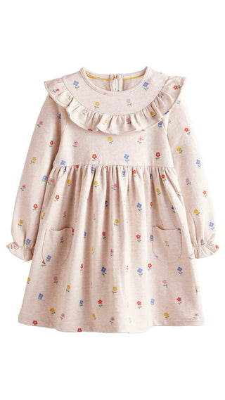 Mini Boden Girl's Jersey Yoke Dress in Oatmeal Marl Little Flowers (Slightly Defect)