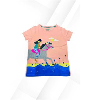 Mini Boden Girl's Short Sleeve Horse Rider Applique Top In Pink (Slightly Defect)