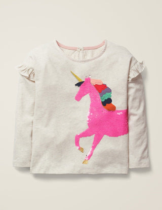 Mini Boden Girl's Unicorn Colour Change Sequin T-Shirt in Ivory (Slightly Defect)