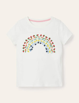 Mini Boden Girl's Embroidered Rainbow T-shirt in Ivory Vegetable (SLIGHTLY DEFECT)