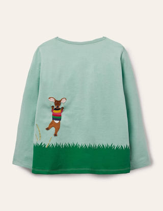 Mini Boden Boy's Long Sleeve Front & Back Animal Applique T-Shirt in Mint Green (Slightly Defect)