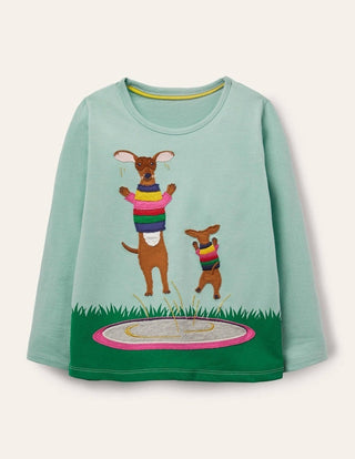 Mini Boden Boy's Long Sleeve Front & Back Animal Applique T-Shirt in Mint Green (Slightly Defect)