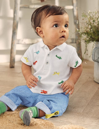 Baby Boden Baby Fun Pique Plane Print Polo Shirt, Ivory/Multi (SLIGHTLY DEFECT)