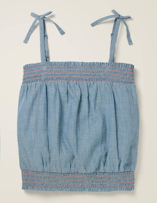 Mini Boden Girl's Strappy Bow Woven Top in Chambray Blue