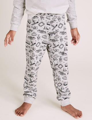 Marks & Spencer Girl's Cotton Friends Printed Pyjama Set in Grey Marl