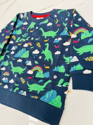 Frugi Kid's Long Sleeve Dinosaur Print Sweat Top In Navy