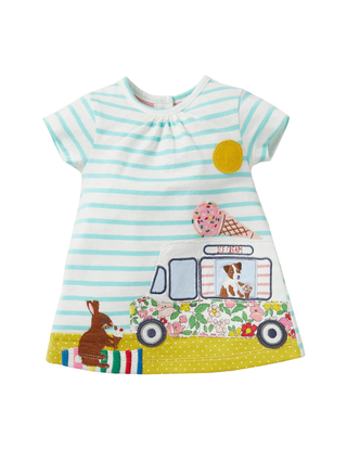 Baby Boden Applique Dress in Ivory/Aqua Blue Truck (Slightly Defect)