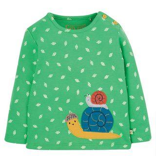 Frugi Girl's Fjord Snail Button Applique Top in Green/ Spot (Slightly Defect)