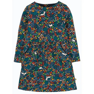 Frugi Girl's Lulu Jumper Dress in Navy Woodland Friends