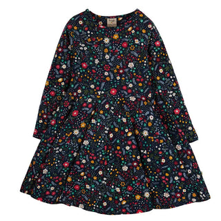 Frugi Girl's Mountainside Floral Sara Slub Skater Dress in Navy (Slightly Defect)