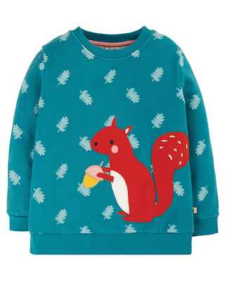 Frugi Girl's Leaves Squirrel Sammy Sweatshirt in Teal Acorn (Slightlu Defect)