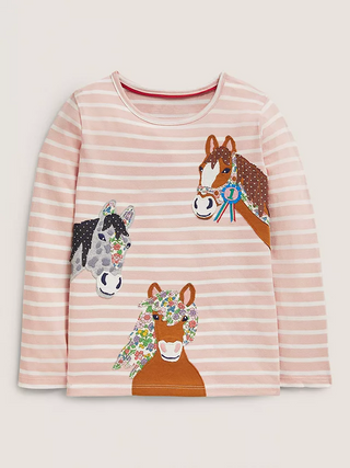 Mini Boden Girl's Applique Horses Stripe Jersey Top in Dusty Pink (Slightly Defect)