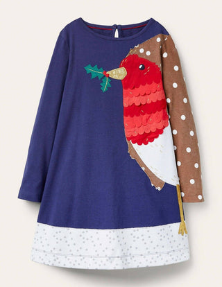 Mini Boden Girl's 3/4 Sleeve Festive Big Applique Dress in Starboard Blue (SLIGHTLY DEFECT)