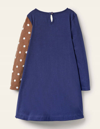 Mini Boden Girl's 3/4 Sleeve Festive Big Applique Dress in Starboard Blue (SLIGHTLY DEFECT)