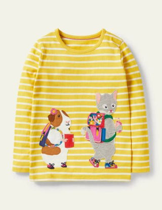 Mini Boden Girl's Breton Front & Back Applique T-shirt in Yellow/ Ivory Animals (Slightly Defect)