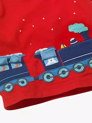 Mini Boden Baby & Toddler Festive Train Applique T-Shirt in Rockabilly Red