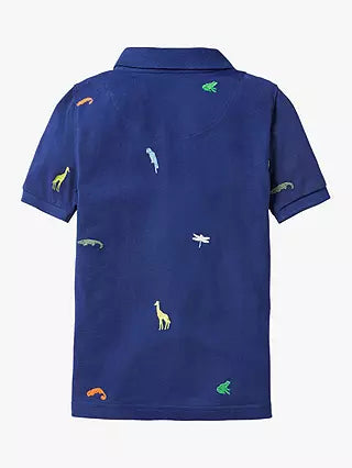 Mini Boden Boy's Pique Animal Print Polo Shirt in Navy/Rainbow