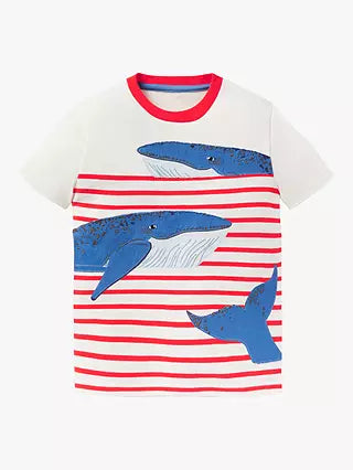 Mini Boden Kids Whale Applique Breton Striped Top in Ivory/Red