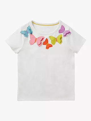 Mini Boden Girl's Short Sleeve Flutter Applique T-Shirt- Ivory/Multi Butterfly