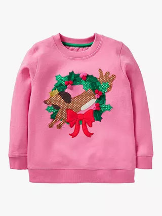 Mini Boden Girl's Cosy Applique Festive Sweatshirt in Petal Pink Sausage Dog