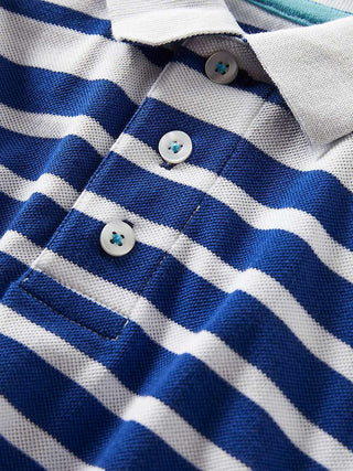 Mini Boden Boy's Stripe Pique Polo Shirt in Ivory/College Blue