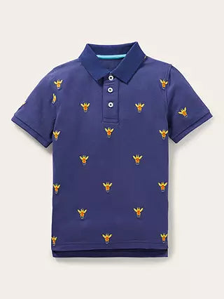 Mini Boden Boy's Embroidered Pique Polo Shirt in Navy Blue Giraffes