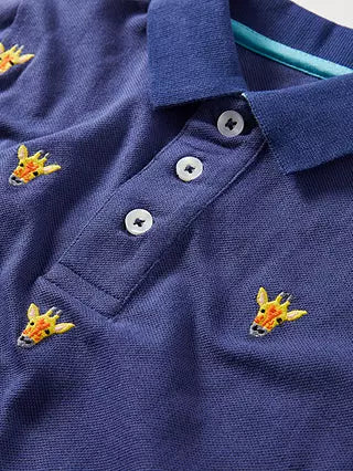 Mini Boden Boy's Embroidered Pique Polo Shirt in Navy Blue Giraffes