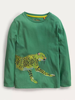 Mini Boden Boy's Cheetah Superstitch Long Sleeve T-Shirt in Deep Green