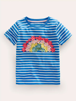 Mini Boden Girl's Flutter Rainbow Stripe T-Shirt in Bright Marina/Ivory