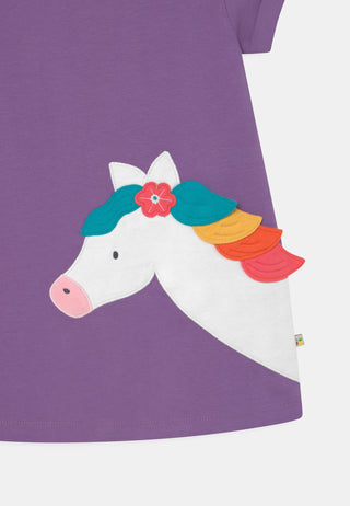 Frugi Girl's Short Sleeve Sophie Applique Top in Purple/Thistle & Horse