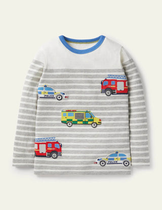 Mini Boden Boys' Long Sleeve Applique Breton T-Shirt in Grey Marl Vechicles (Slightly Defect)