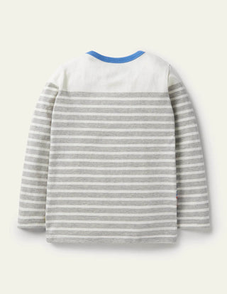 Mini Boden Boys' Long Sleeve Applique Breton T-Shirt in Grey Marl Vechicles (Slightly Defect)