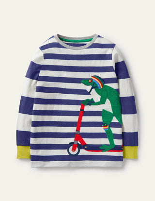 Mini Boden Boy's Stripe Animal Applique T-shirt in College Navy/Ivory Frog