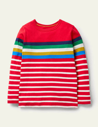 Mini Boden Fun Breton T-shirt in Rockabilly Red/Ivory Rainbow