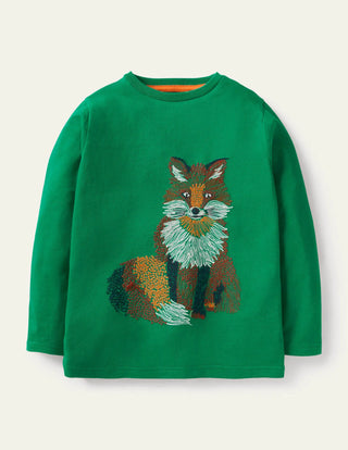 Mini Boden Boy's long Sleeve Superstitch Animal T-shirt in Forest Green Fox