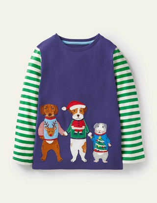 Mini Boden Girl's Long Sleeve Festive Applique T-Shirt in Starboard Blue Friends