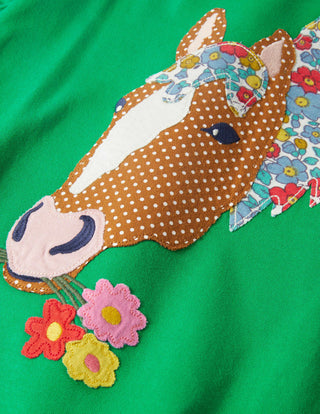 Mini Boden Girl's Front & Back T-shirt in Green Pepper Horse