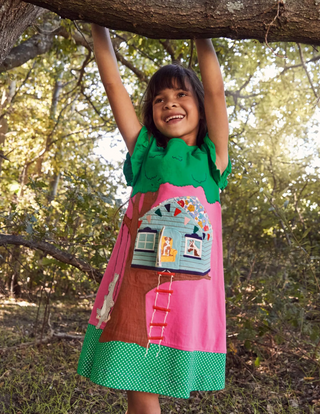 Mini Boden Girl's Lift The Flap Jersey Dress in Tickled Pink Tree House (Slightly Defect)